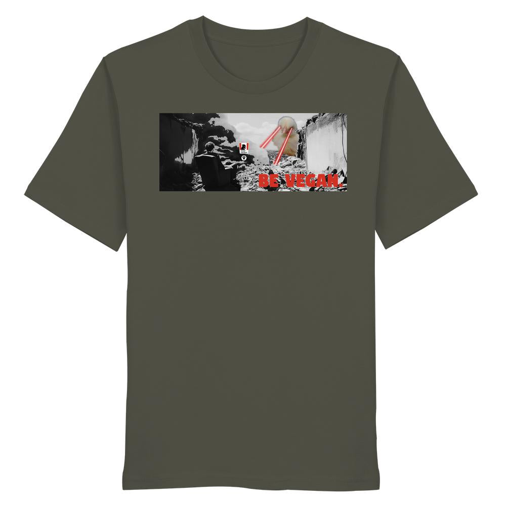 Vegan und Bio Shirt: BE VEGAN. - Angry bird. Einzigartiges T-Shirt mit post-apokalyptischem Motiv, riesiger Huhn mit Laseraugen, 100% Bio-Baumwolle, rebellisches Design von RUDE REBEL.