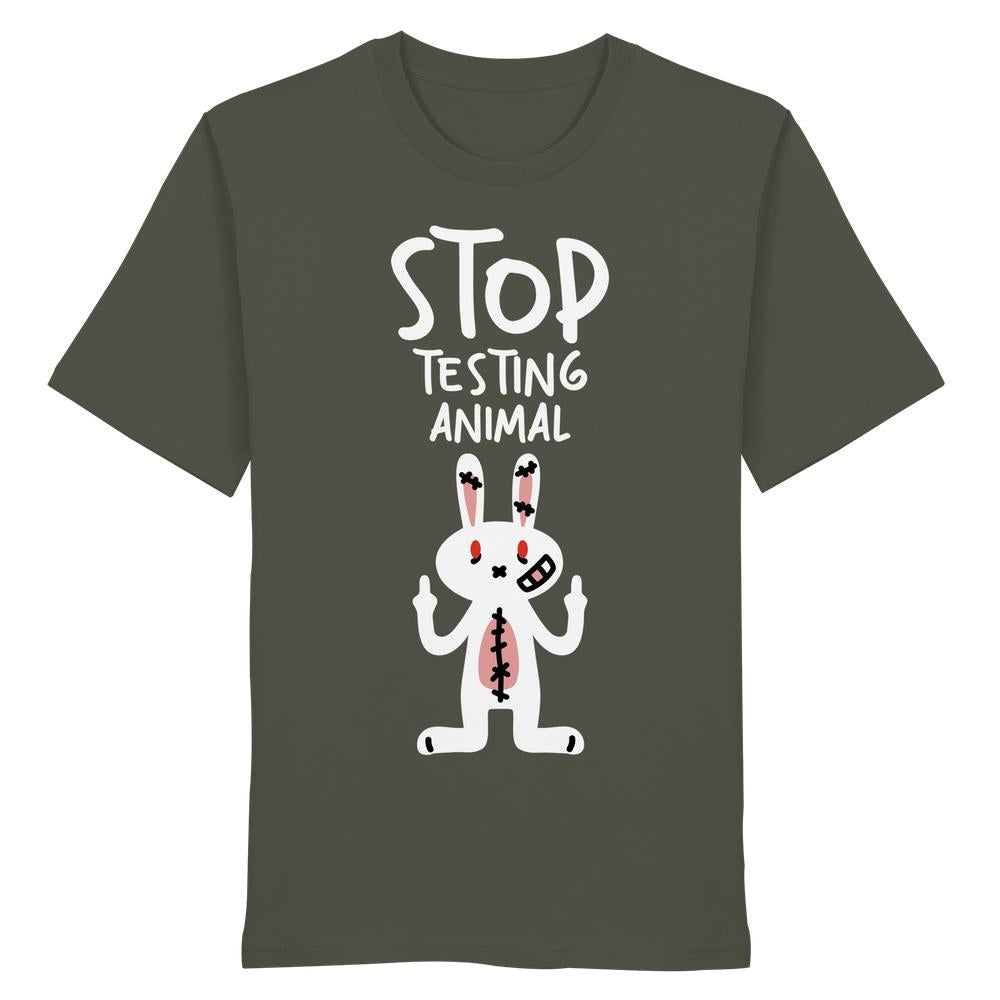 Vegan und Bio Shirt: Angry Rabbit - Animal Rights mit einem wütenden Hasenmotiv gegen Tierversuche, aus 100 % Bio-Baumwolle, normale Passform, von RUDE REBEL.