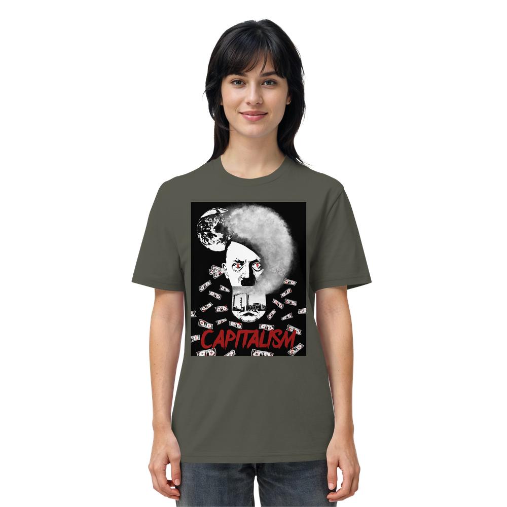 Unisex T-Shirt mit grafischem Print Capitalism vs. Earth - The Money Game, zeigt ein halb menschliches, halb skelettiertes Gesicht, umgeben von Dollar-Scheinen und rauchenden Schornsteinen.