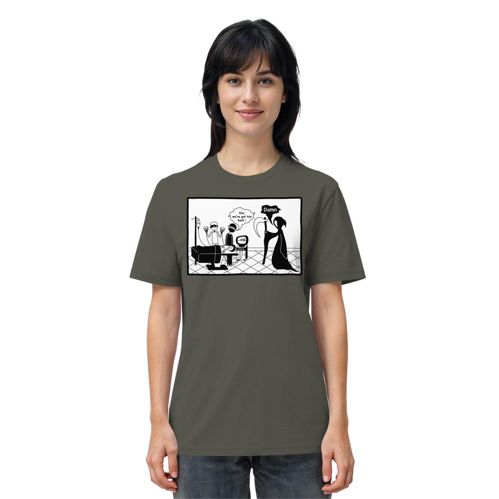 Vegan und Bio Unisex Shirt Comicstripe - The Reaper mit Comicdruck: Operierendes Team rettet Patient, während der Tod enttäuscht zuschaut. 100% Bio-Baumwolle, normale Passform.
