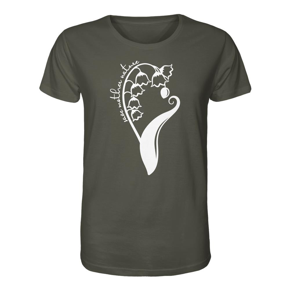 Vegan und Bio Unisex Shirt: Save Mother Nature with Flower Power, zeigt ein minimalistisches, liebevolles Design mit Glockenblumenmotiv und Schriftzug love mother nature auf Bio-Baumwolle.