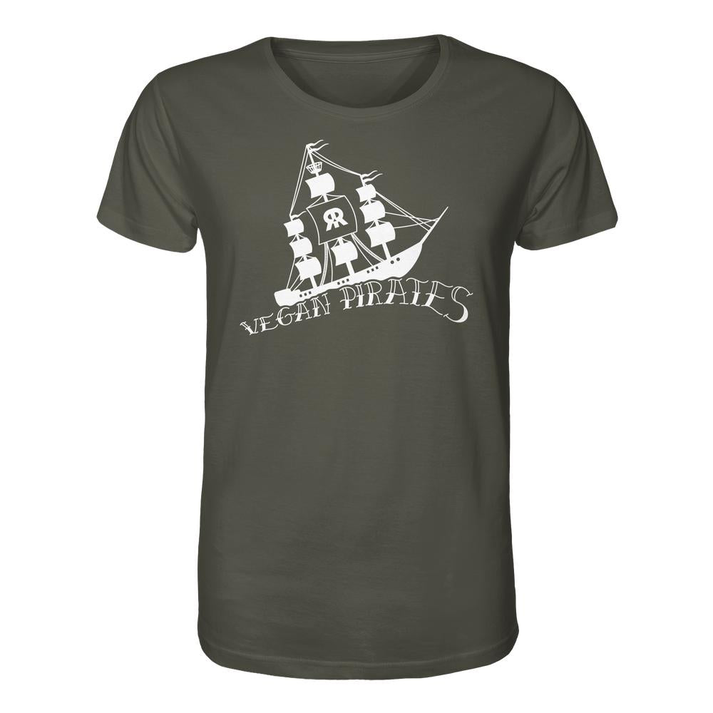 Dunkelolivgrünes T-Shirt mit Piratenschiff-Design und VEGAN PIRATES-Schriftzug auf der Brust. Hergestellt aus 100% Bio-Baumwolle, veganes und nachhaltiges Design von RUDE REBEL.