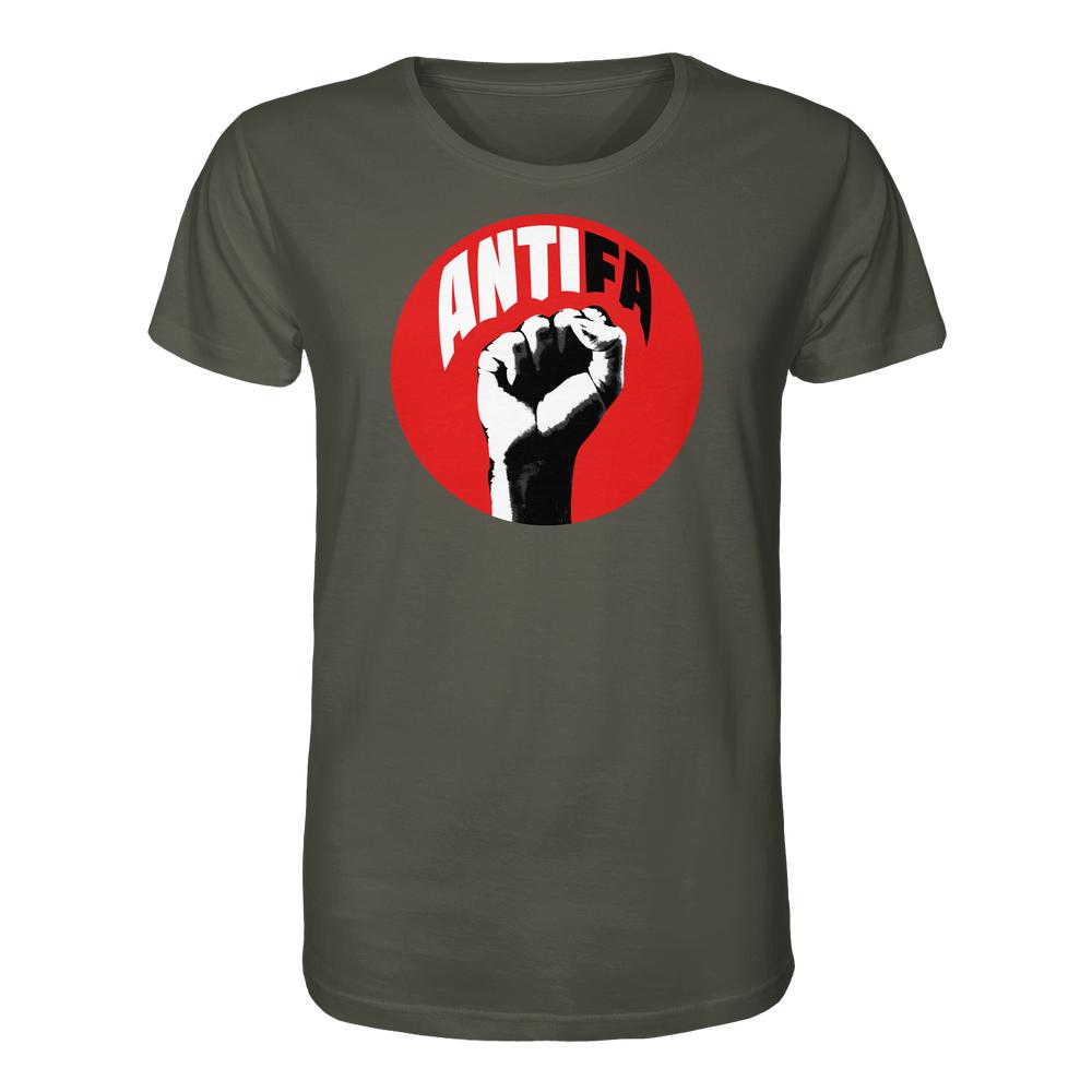 Vegan und Bio Unisex Shirt: Antifa - Kampf gegen Rechts, dunkelgrün, mit rotem Kreis und schwarzer Faust, ANTIFA Schriftzug. 100% Biobaumwolle, normales Passform.