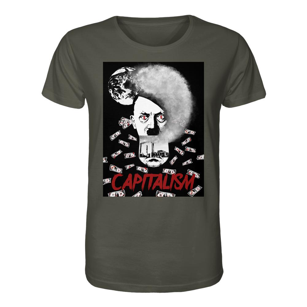 Vegan und Bio Unisex Shirt: Capitalism vs. Earth - The Money Game mit stilisiertem Gesicht, rauchigem Haar und Fabrikmotiv, umgeben von Dollarscheinen und CAPITALISM Schriftzug.