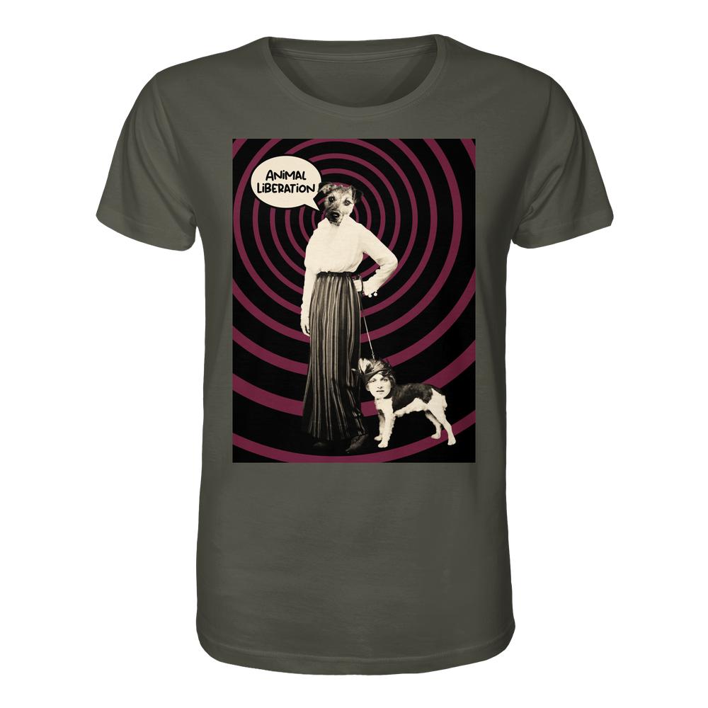 Vegan und Bio Unisex Shirt: Upside Down - Animal Liberation zeigt eine digitale Collage mit Hund-Mensch-Motiven und ANIMAL LIBERATION-Sprechblase, inspiriert von Tierrechtsgedanken.