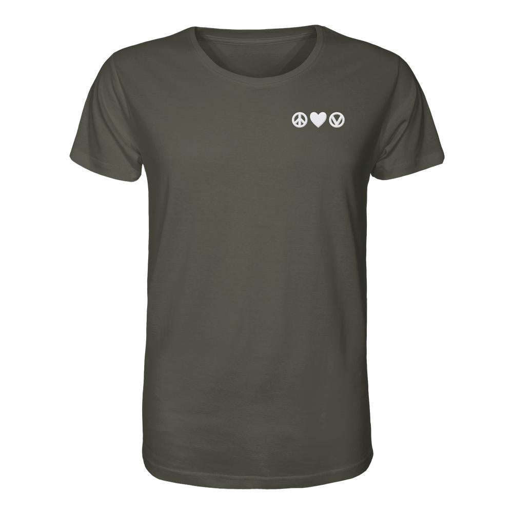Unisex-Shirt aus Bio-Baumwolle mit den Symbolen Frieden, Liebe und Veganismus als weiße Icons auf der Brust. Perfekte Wahl für nachhaltige, vegane Mode von RUDE REBEL.