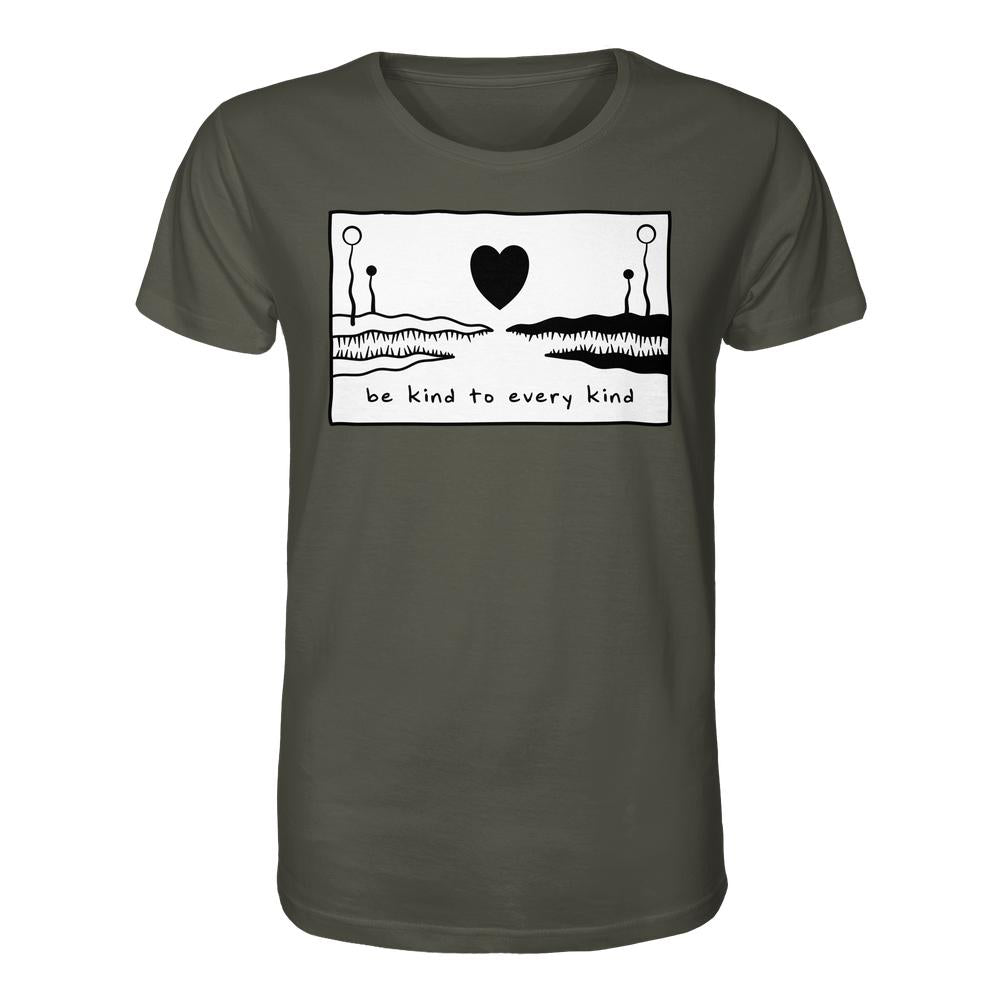 Vegan und Bio Unisex Shirt: Be kind to every kind, olivgrünes T-Shirt mit schwarzem Herzmotiv und Slogan, Baumwolle, normale Passform, nachhaltiges Design von RUDE REBEL.
