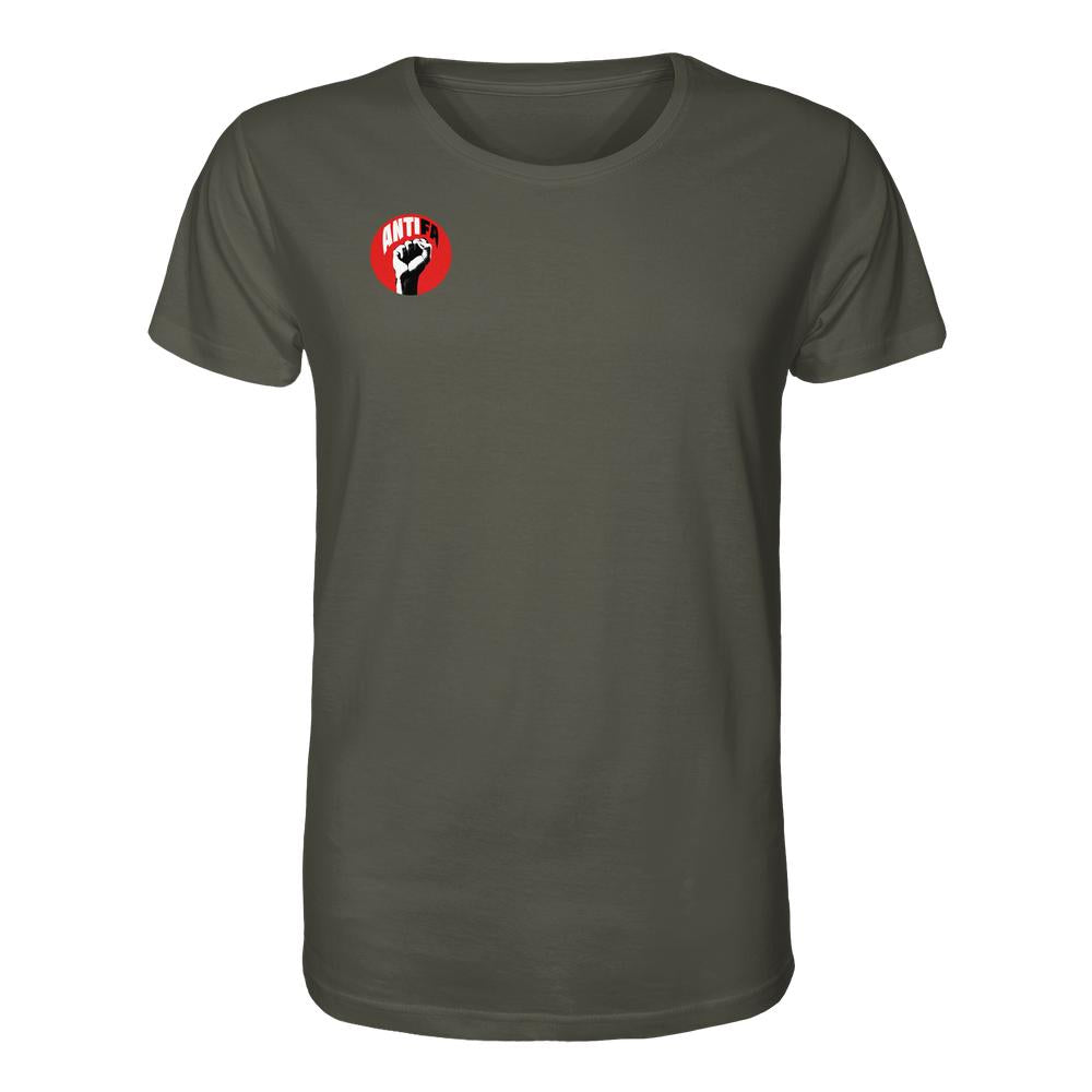 Vegan und Bio Unisex Shirt: Antifa - Gemeinsam gegen Rechts, olivegrünes T-Shirt mit kleinem ANTIFA-Logo auf der Brust, aus 100% Bio-Baumwolle, normaler Schnitt.