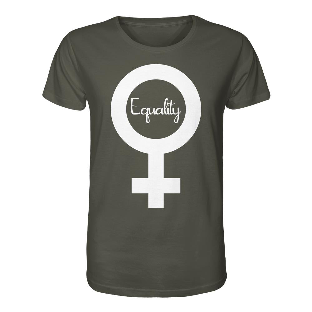 Unisex T-Shirt aus Bio-Baumwolle mit großem weißen Venus-Symbol und Equality in Kursivschrift, thematisiert Feminismus und Gleichberechtigung.