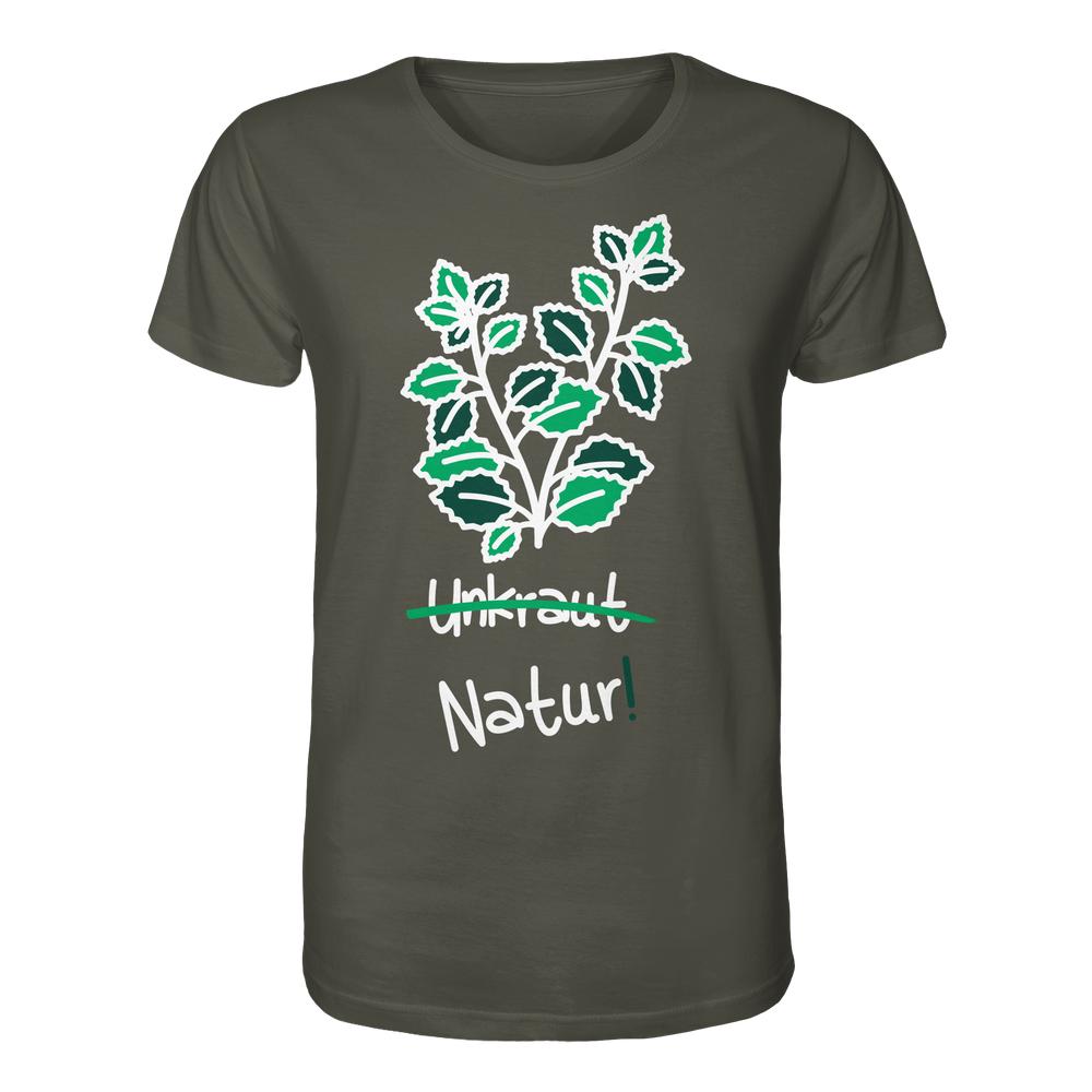 Vegan und Bio Unisex Shirt: Brennnessel - Naturschutz, zeigt ein Pflanzenmotiv mit durchgestrichenem „Unkraut“ und „Natur!“ darunter, aus 100 % Bio-Baumwolle.