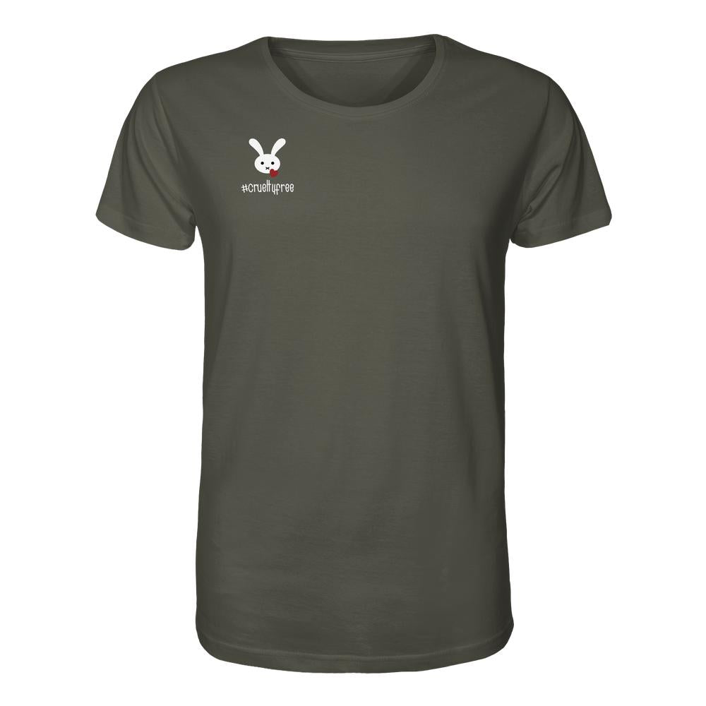 Vegan und Bio Unisex Shirt: Crueltyfree Bunny, olivgrün, kurzärmelig mit Hasenlogo und crueltyfree-Aufdruck, aus 100 % Bio-Baumwolle, normale Passform, von RUDE REBEL.