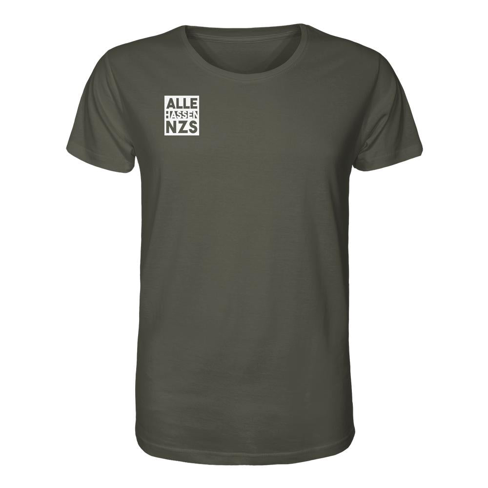 Oliven-grünes, kurzärmeliges Bio-Shirt mit ALLE HASSEN NZS! Print auf der Brust, aus 100% Bio-Baumwolle, von RUDE REBEL.