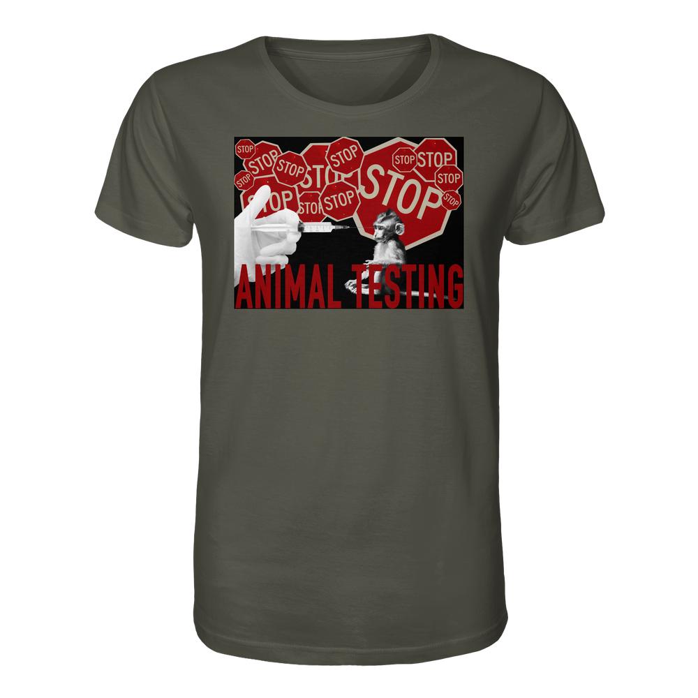 Vegan und Bio Unisex Shirt: STOP ANIMAL TESTING! mit auffälligem Anti-Tierversuchs-Design, zeigt klare Botschaft gegen Tierversuche. 100% Bio-Baumwolle, normale Passform.