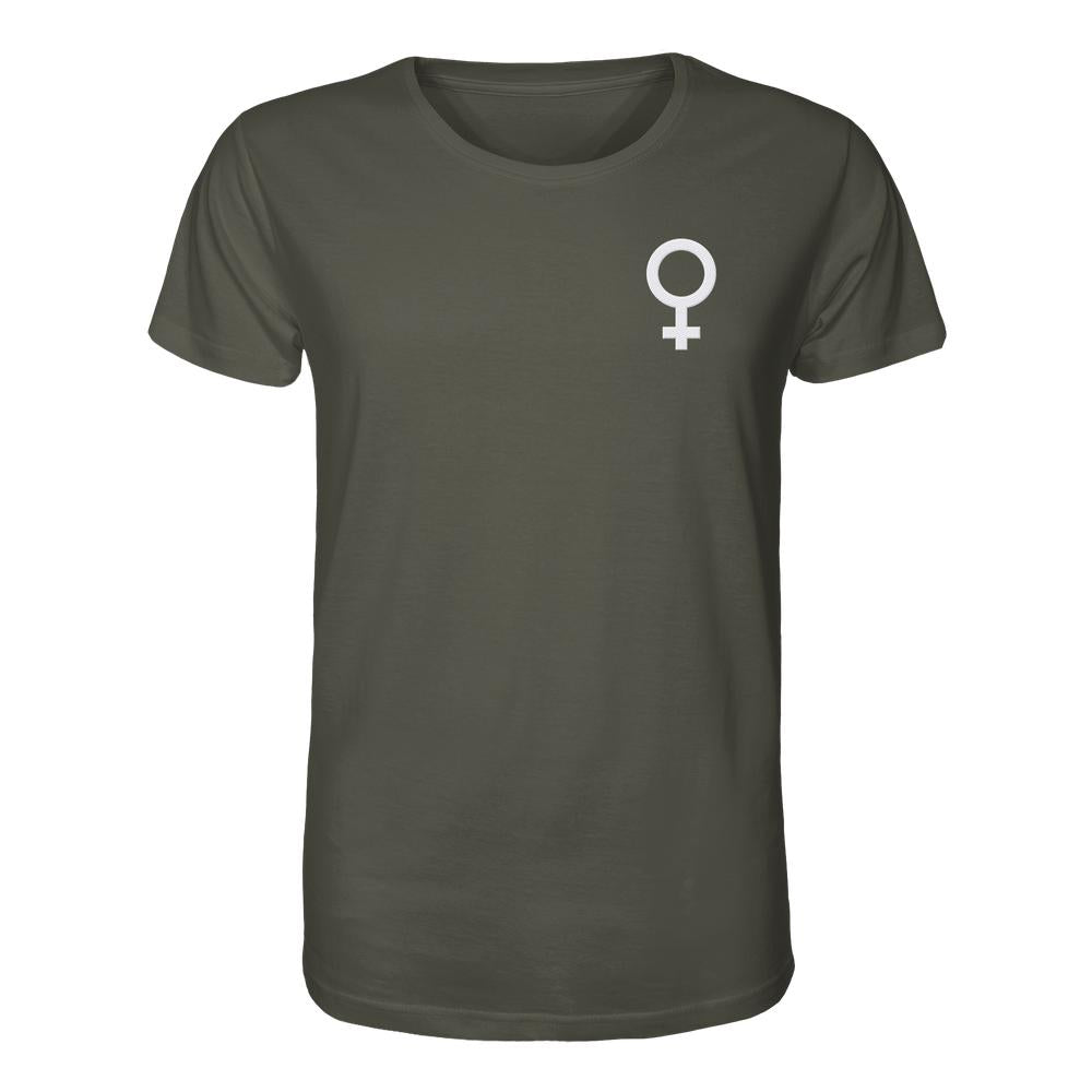 Unisex T-Shirt aus Bio-Baumwolle in Dunkeloliv mit gesticktem weißen Venussymbol auf der Brust, symbolisiert den feministischen Kampf. Normale Passform, umweltbewusst hergestellt.