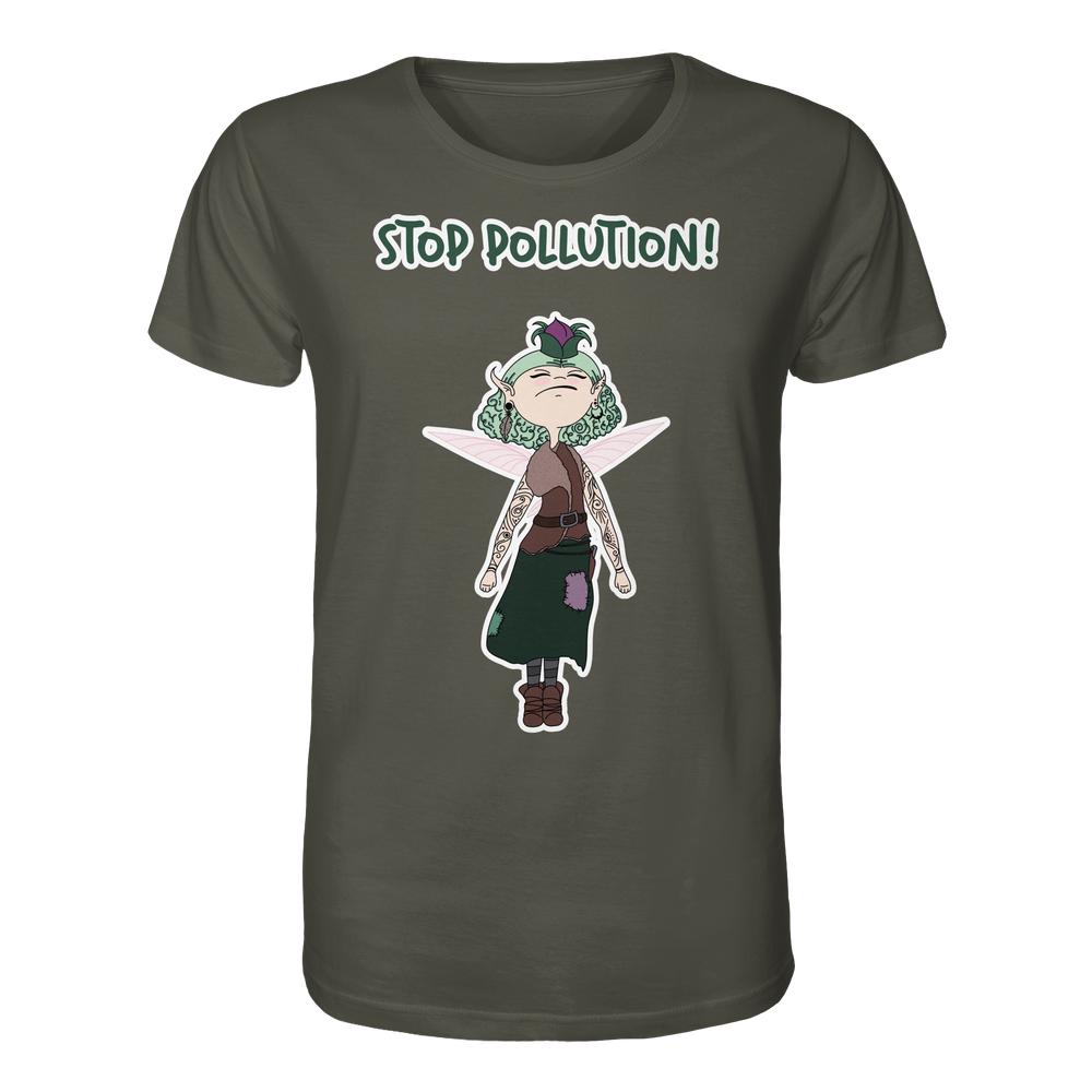 Vegan und Bio Unisex Shirt: STOP POLLUTION! - Krawall Fee mit grünem Haar, pinken Flügeln und Slogan, aus 100% Bio-Baumwolle, von RUDE REBEL.