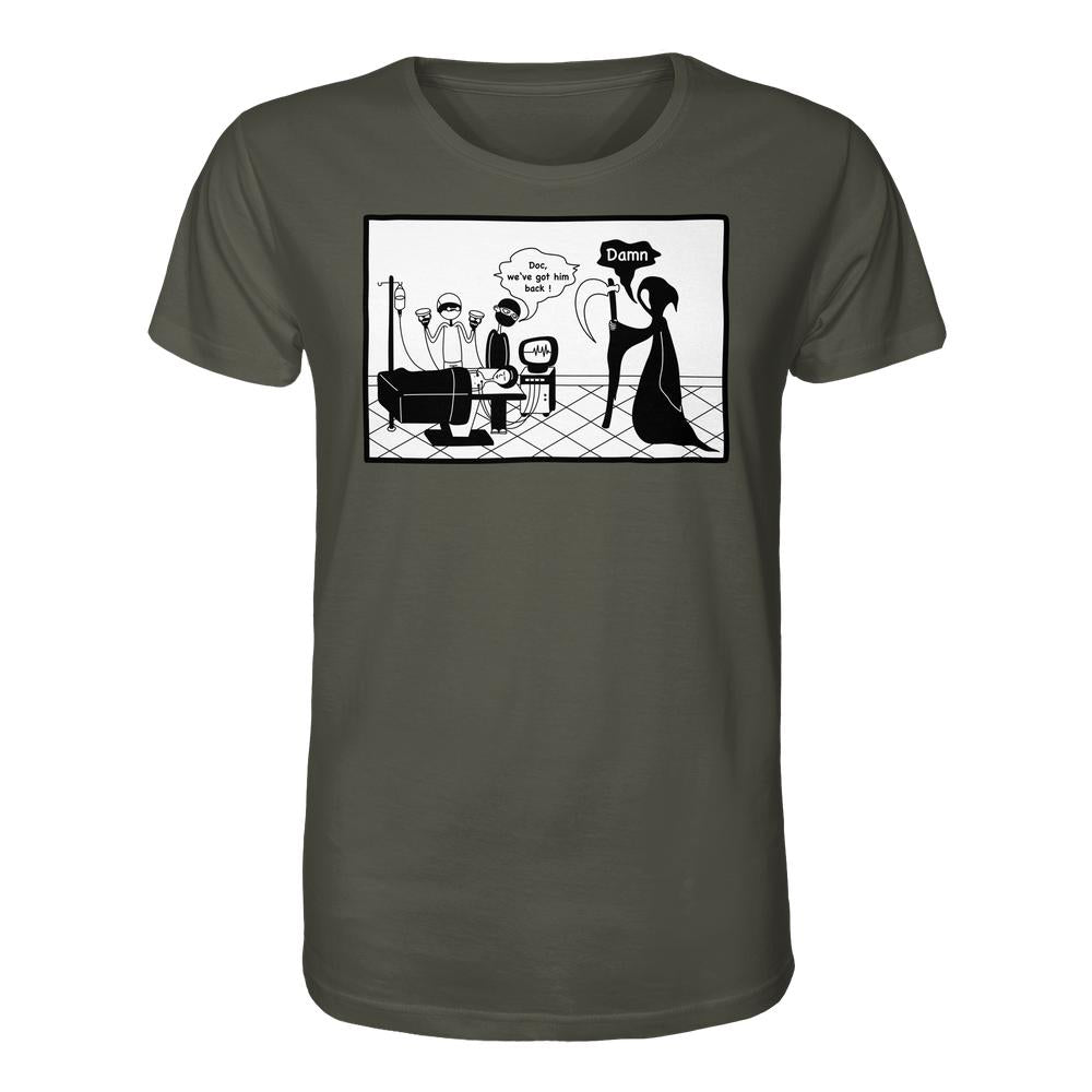 Vegan und Bio Unisex Shirt: Comicstripe - The Reaper zeigt Ärzte, die den Tod überraschen, indem sie einen Patienten erfolgreich wiederbeleben. Humorvolles Design aus 100% Biobaumwolle.