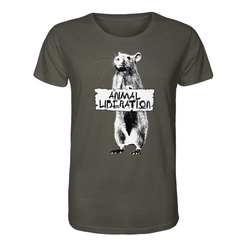 Vegan und Bio Unisex Shirt: Rat for Animal Liberation, grün, mit Banksy-inspirierter Rattenillustration und ANIMAL LIBERATION-Schild, aus 100% Bio-Baumwolle, normaler Schnitt, von RUDE REBEL.