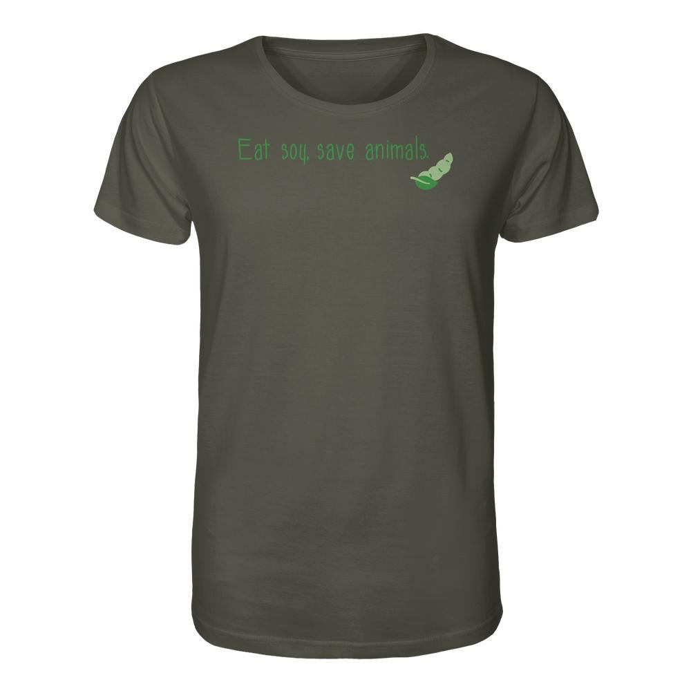 Olivegrünes T-Shirt mit Slogan Eat soy, save animals. und grafischer Sojabohnen-Abbildung, aus 100 % Bio-Baumwolle. Veganes Unisex-Shirt von RUDE REBEL.