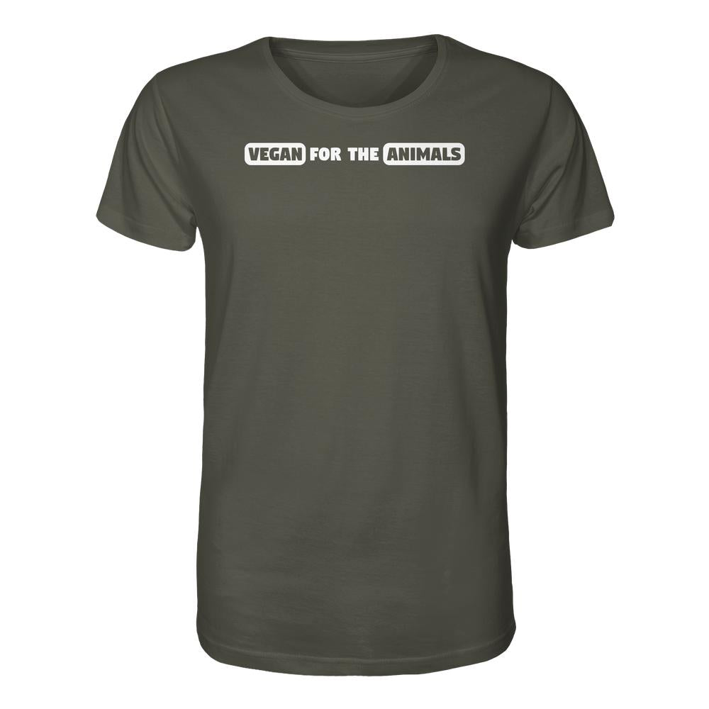 Unisex Bio-Baumwollshirt von RUDE REBEL mit „VEGAN FOR THE ANIMALS“-Slogan, normaler Schnitt, perfekter Ausdruck für Tierschutz und vegane Lebensweise.