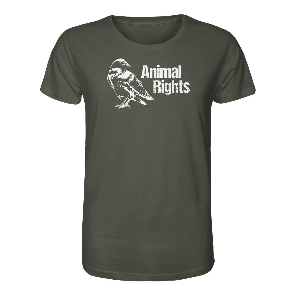 Olivegrünes T-Shirt mit weißem, distressed Grafikmotiv eines Raben und dem Schriftzug Animal Rights. Bio-Baumwolle, normaler Schnitt, veganes und nachhaltiges Design von RUDE REBEL.