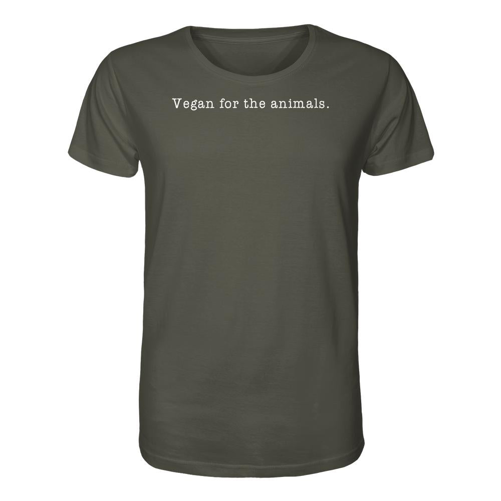 Unisex-T-Shirt aus Bio-Baumwolle mit Slogan „Vegan for the animals.“ in weißer Schrift auf der Brust. Nachhaltiges Design von RUDE REBEL.