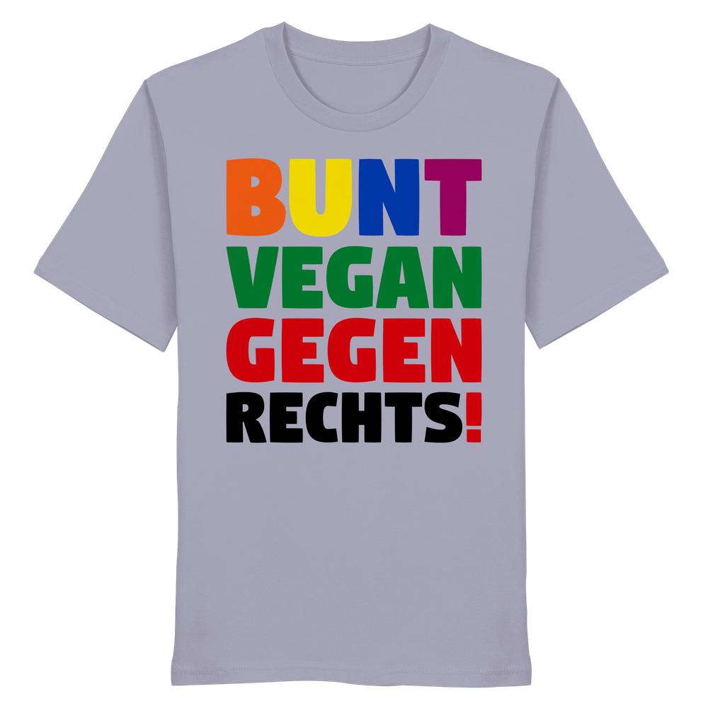 Vegan und Bio Unisex Shirt: BUNT, VEGAN und GEGEN RECHTS! Hellgraues T-Shirt mit Slogan in bunten Blockbuchstaben, fördert Toleranz und Tierliebe. 100 % Bio-Baumwolle.