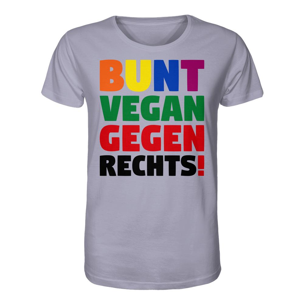 Unisex Shirt BUNT, VEGAN und GEGEN RECHTS! mit farbigem Slogan auf grauem T-Shirt aus Bio-Baumwolle, inspiriert von einer Demo für Toleranz und Tierrechte.