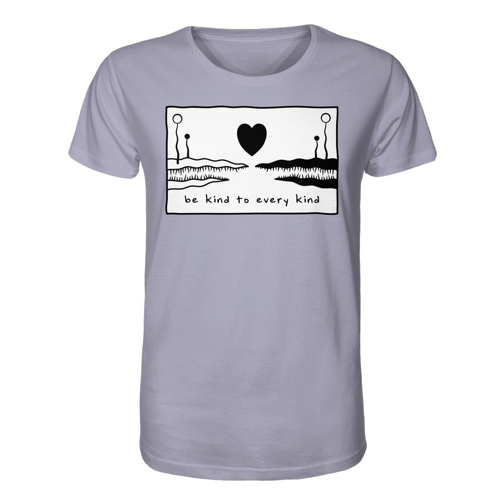 Vegan und Bio Unisex Shirt: Be kind to every kind mit grafischem Herzmotiv zwischen abstrakten Figuren, aus 100 % Biobaumwolle, symbolisiert Frieden und Tierrechte.