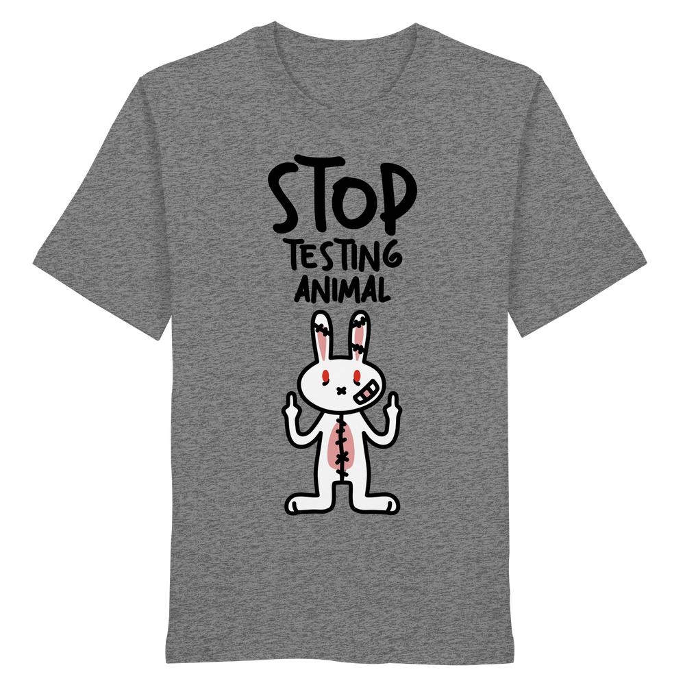 T-Shirt Vegan und Bio Shirt: Angry Rabbit - Animal Rights mit wütendem Laborkaninchen und Slogan gegen Tierversuche. Hergestellt aus 100% Bio-Baumwolle.