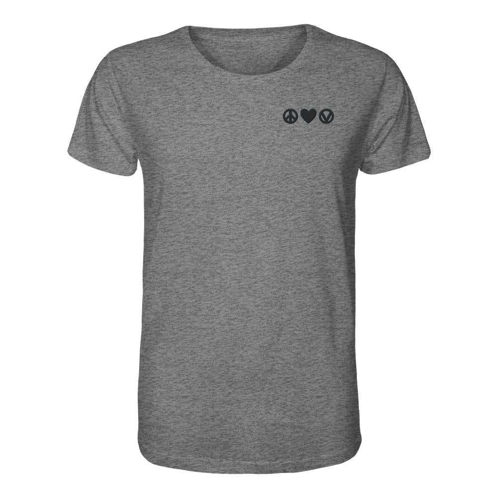 Vegan und Bio Unisex Shirt bestickt: Peace - Love - Veganism, heather-grau, mit drei schwarzen Symbolen auf der Brust, aus 100% Bio-Baumwolle, für vegane Nachhaltigkeit von RUDE REBEL.