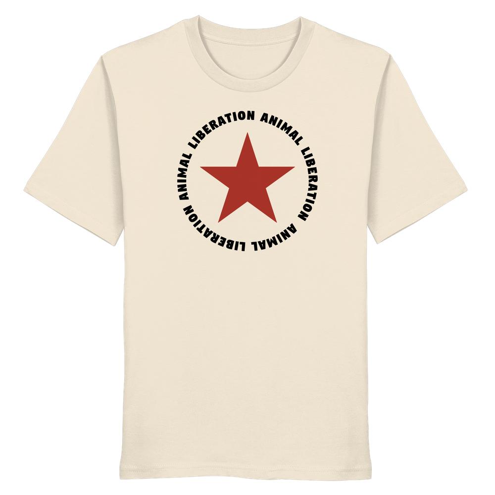 Vegan und Bio Unisex Shirt: Red Star and Animal Liberation, zeigt roten Stern und ANIMAL LIBERATION-Schriftzug auf Bio-Baumwoll-T-Shirt.