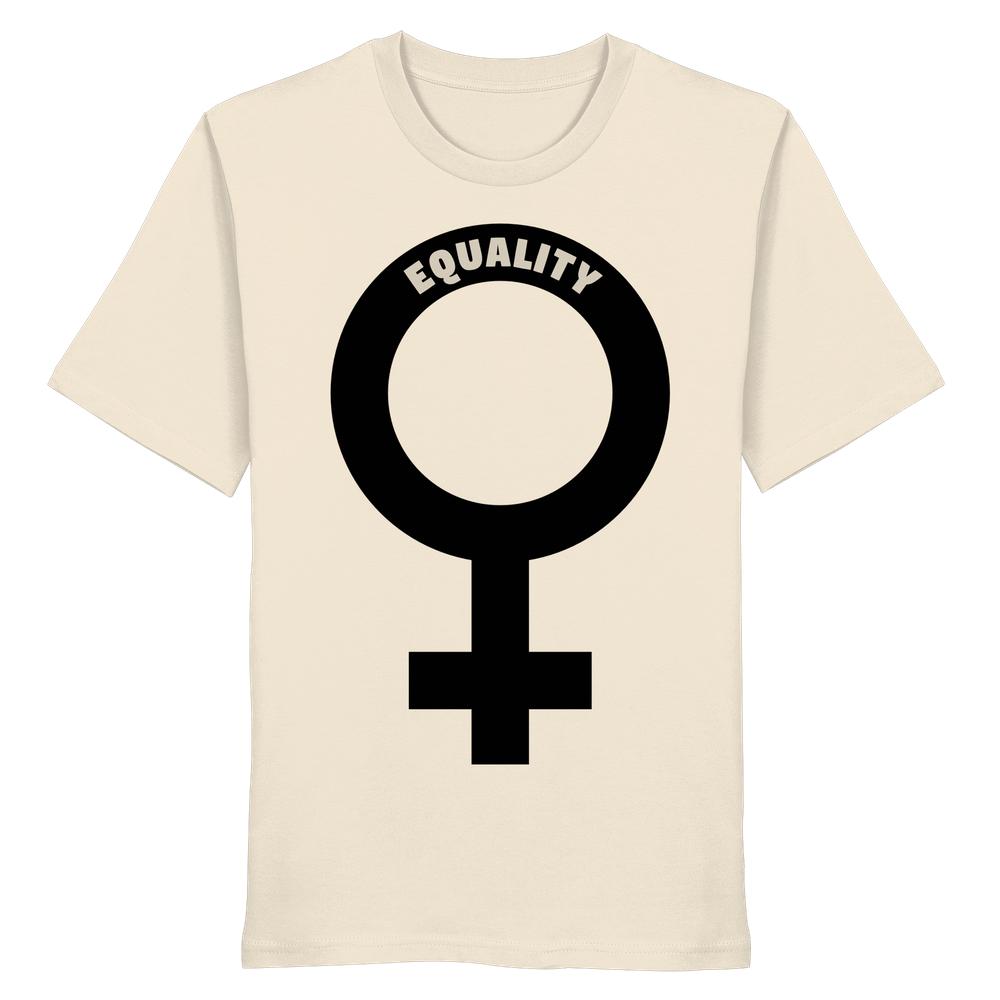 Unisex-Shirt aus Bio-Baumwolle mit großem schwarzen Venussymbol und EQUALITY-Schriftzug, repräsentiert feministische Botschaft und Gleichberechtigung. Nachhaltiges Design von RUDE REBEL.