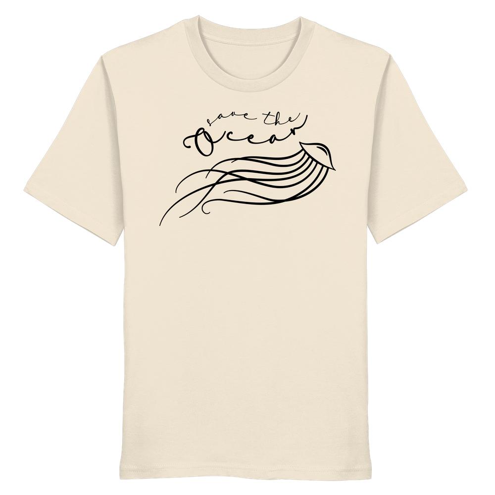 Vegan und Bio Unisex Shirt: Jellyfish - Save the Ocean mit filigranem Quallenmotiv und handgeschriebenem Slogan, aus 100 % Bio-Baumwolle, normale Passform, von RUDE REBEL.