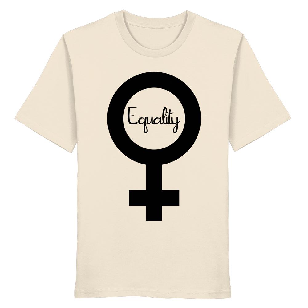 Vegan und Bio Unisex Shirt: Feminismus - Der Kampf um Gleichberechtigung mit schwarzem Venus-Symbol und Equality-Schriftzug, aus 100 % Bio-Baumwolle.