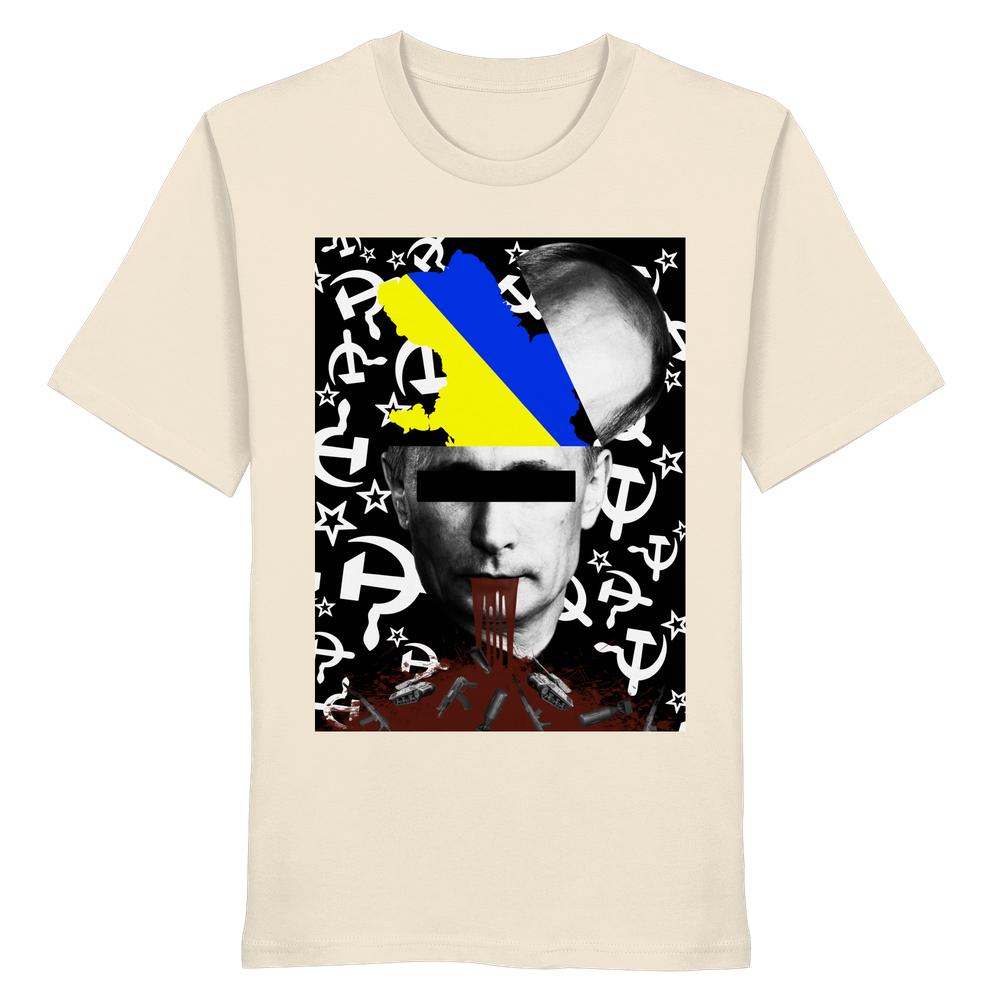 Beiges T-Shirt mit politischem Statement-Design: Schwarz-Weiß-Porträt mit ukrainischer Flagge, Hammer-und-Sichel-Muster und roten Bluteffekten. Titel: Vegan und Bio Unisex Shirt: STOP WAR IN UKRAINE!.