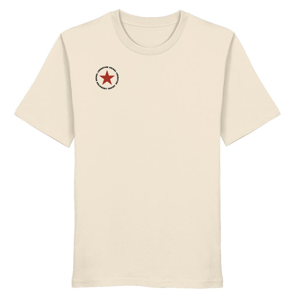 Vegan und Bio Unisex Shirt: Red Star - Animal Liberation. Cremefarbenes Baumwoll-T-Shirt mit rotem Stern-Logo und ANIMAL LIBERATION Text. Kurzarm, normaler Schnitt, Bio-Qualität.