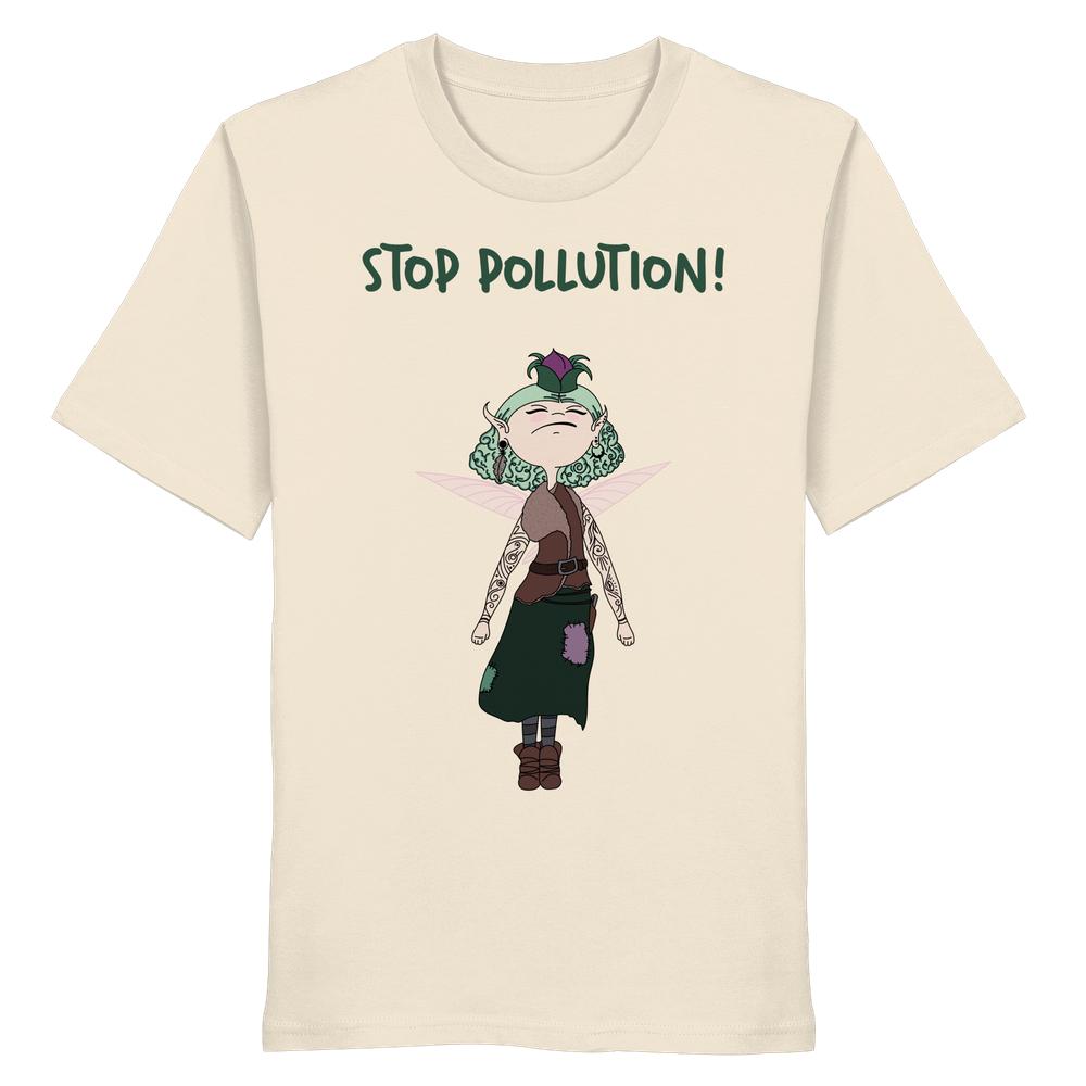 Vegan und Bio Unisex Shirt: STOP POLLUTION! - Krawall Fee mit mintgrüner, tätowierter Fee, die Umweltschutz fordert, aus Biobaumwolle, normaler Passform.
