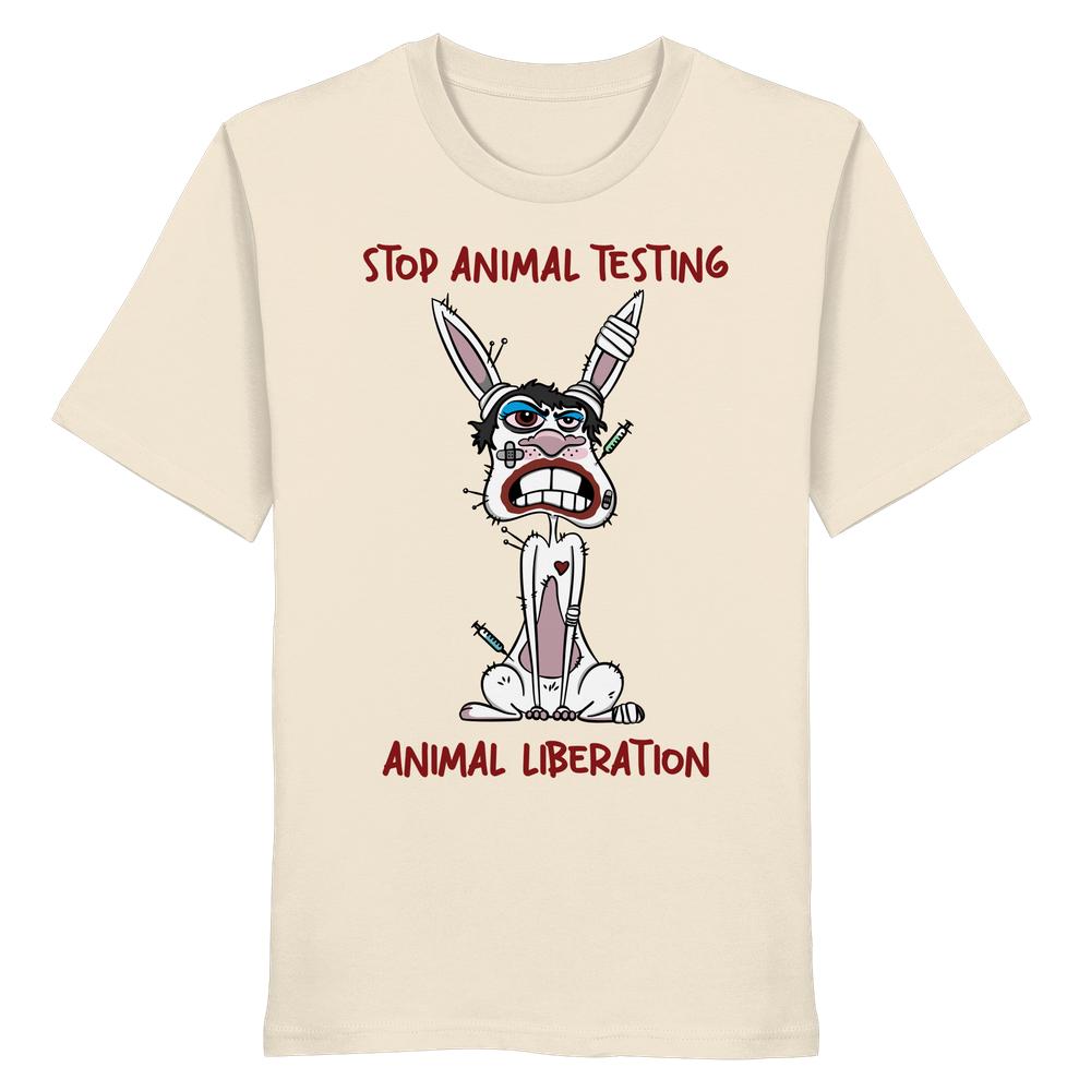 Vegan und Bio Unisex Shirt: White rabbit - STOP ANIMAL TESTING! zeigt ein cartoon-geschlagenes Kaninchen mit Spritzen und dem Slogan gegen Tierversuche, aus 100% Bio-Baumwolle.