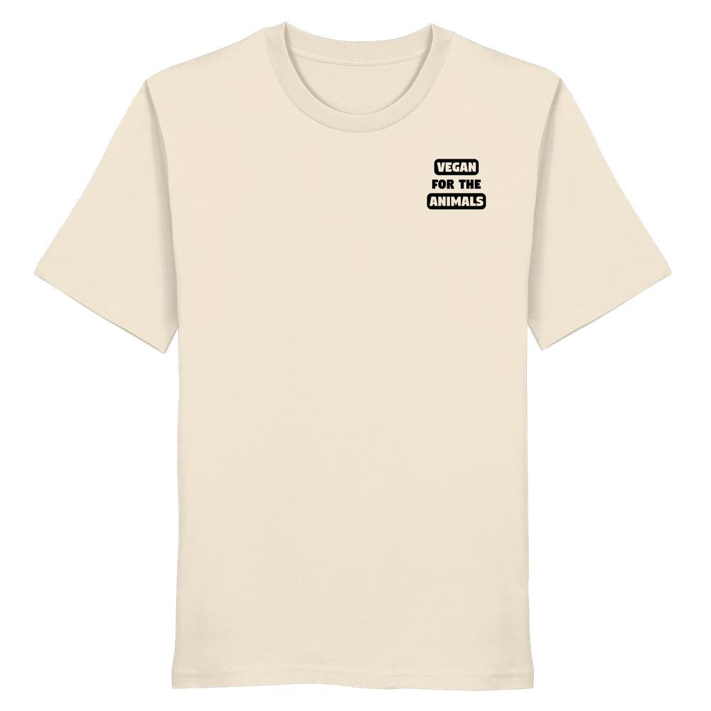Veganes und nachhaltiges Unisex Shirt aus Bio-Baumwolle mit dem Slogan VEGAN FOR THE ANIMALS in schwarzer Schrift auf der Brust.