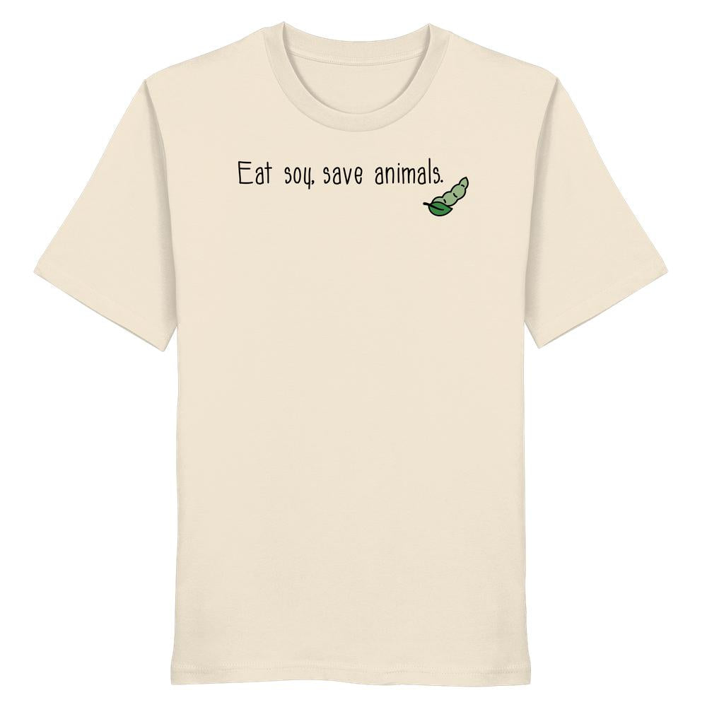 Vegan und Bio Unisex Shirt: Eat soy, save animals. - Off-White T-Shirt mit grünem Erbsen-Design, aus 100% Bio-Baumwolle. Ideal für vegane und nachhaltige Mode.