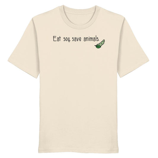 Vegan und Bio Unisex Shirt: Eat soy, save animals. - Off-White T-Shirt mit grünem Erbsen-Design, aus 100% Bio-Baumwolle. Ideal für vegane und nachhaltige Mode.