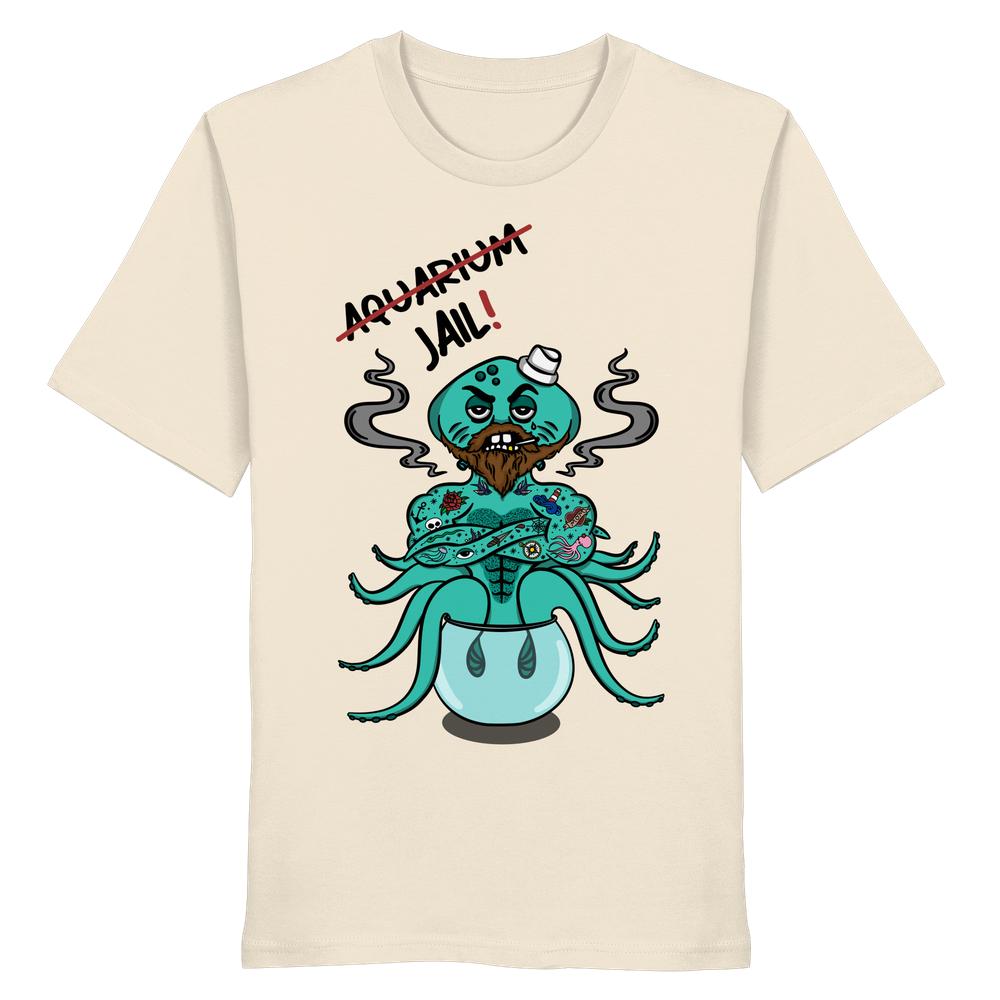Unisex Bio-Shirt mit cartoonhaftem grimmigem Oktopus in Fischglaszelle, Aufdruck: Aquarium=Jail!. Betont Tierrechte und vegane Ethik. Hergestellt aus 100% Bio-Baumwolle.