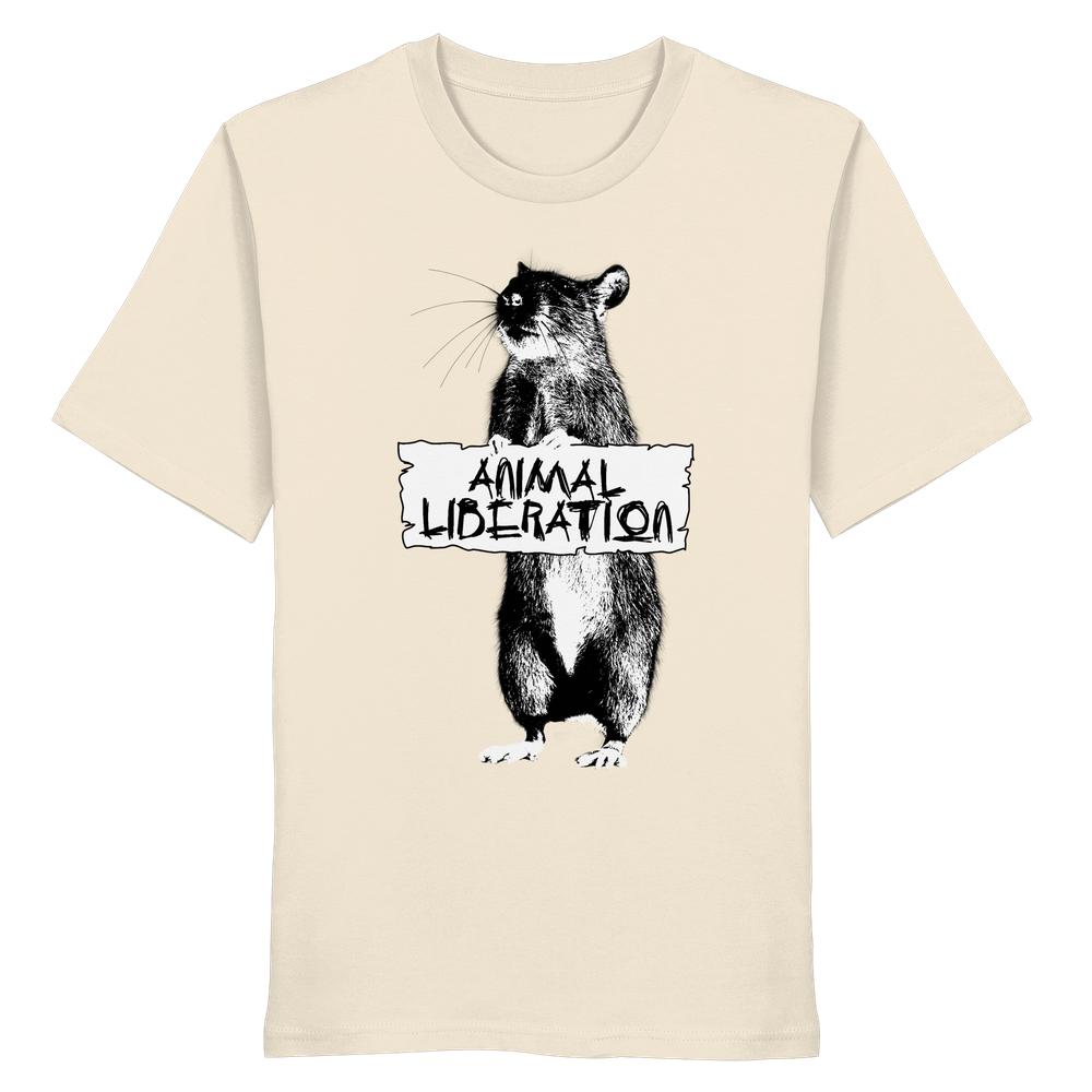 Unisex-Shirt Vegan und Bio: Rat for Animal Liberation mit Rattenmotiv und Botschaft ANIMAL LIBERATION, inspiriert von Banksy's Street Art, aus 100% Bio-Baumwolle.