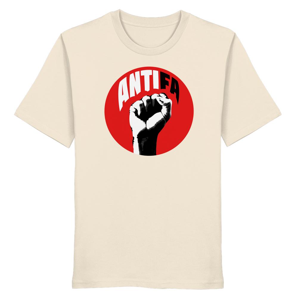 Vegan und Bio Unisex Shirt: Antifa - Kampf gegen Rechts, zeigt ein großes, kämpferisches Design mit rotem Kreis und schwarzer Faust, 100% Bio-Baumwolle.