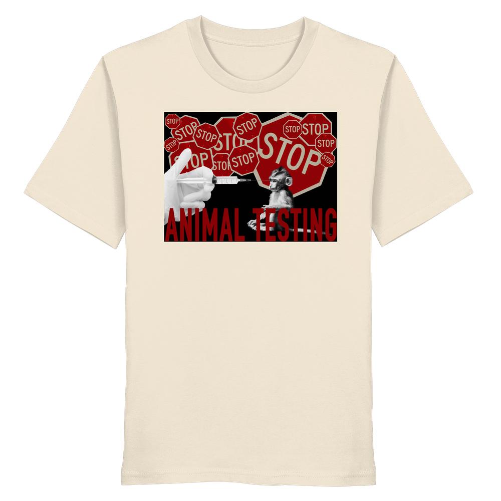 Vegan und Bio Unisex Shirt: STOP ANIMAL TESTING! mit drastischem Anti-Tierversuchsdesign, zeigt Spritze auf Affen, umgeben von roten STOP-Schildern und ANIMAL TESTING-Text.