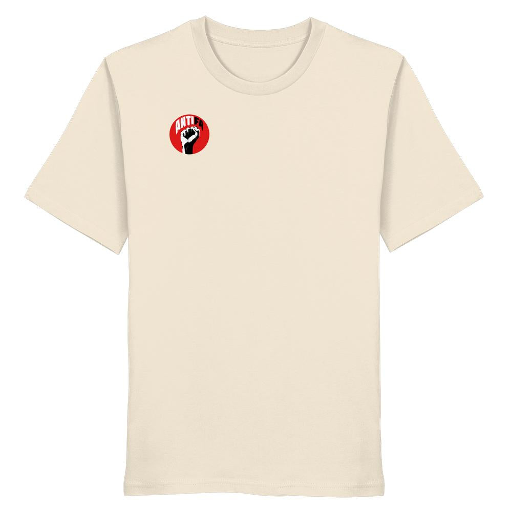 Vegan und Bio Unisex Shirt: Antifa - Gemeinsam gegen Rechts, beige T-Shirt mit rotem Antifa-Emblem und erhobener Faust, aus 100 % Bio-Baumwolle, nachhaltige Produktion.