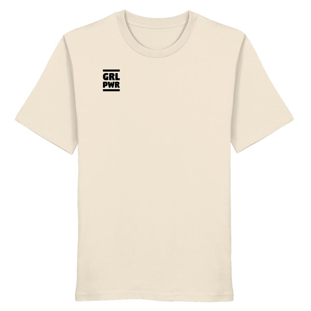 Vegan und Bio Unisex Shirt: GIRL POWER mit feministischer Message, aus reiner Bio-Baumwolle, zeigt „GRL PWR“ Slogan auf der Brust, normaler Schnitt, von RUDE REBEL.