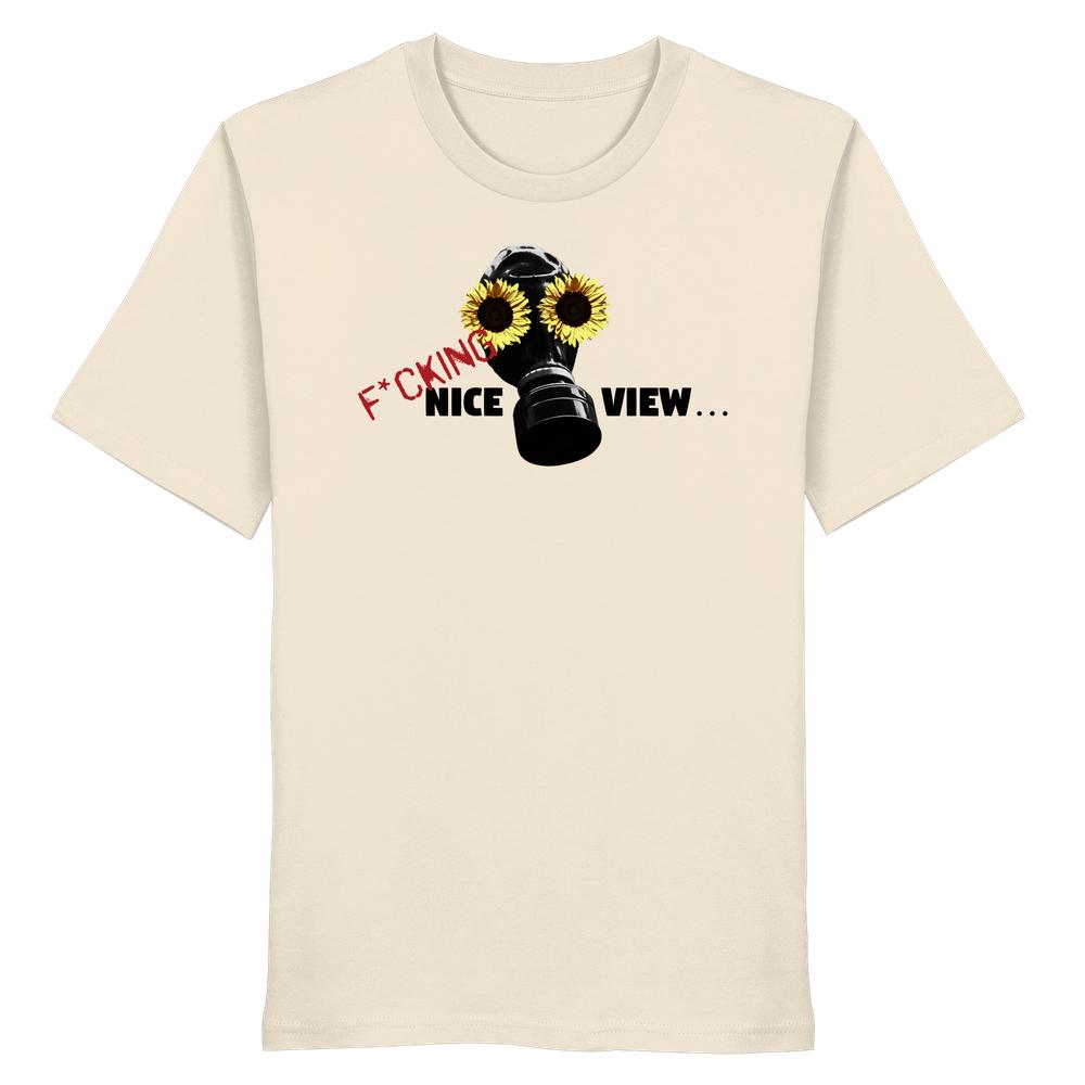 Vegan und Bio Unisex Shirt: Sunflower Mask - F*cking nice view... zeigt ein Gasmaske-Design mit Sonnenblumen-Augen und provokantem Text, ideal für umweltbewusste Rebell*innen.