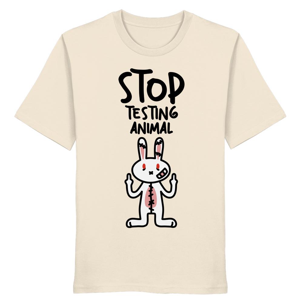 Vegan und Bio Shirt: Angry Rabbit - Animal Rights zeigt ein wütendes Laborhäschen mit Anti-Tierversuch-Slogan, aus 100% Bio-Baumwolle, normaler Schnitt, rebellisches Design.