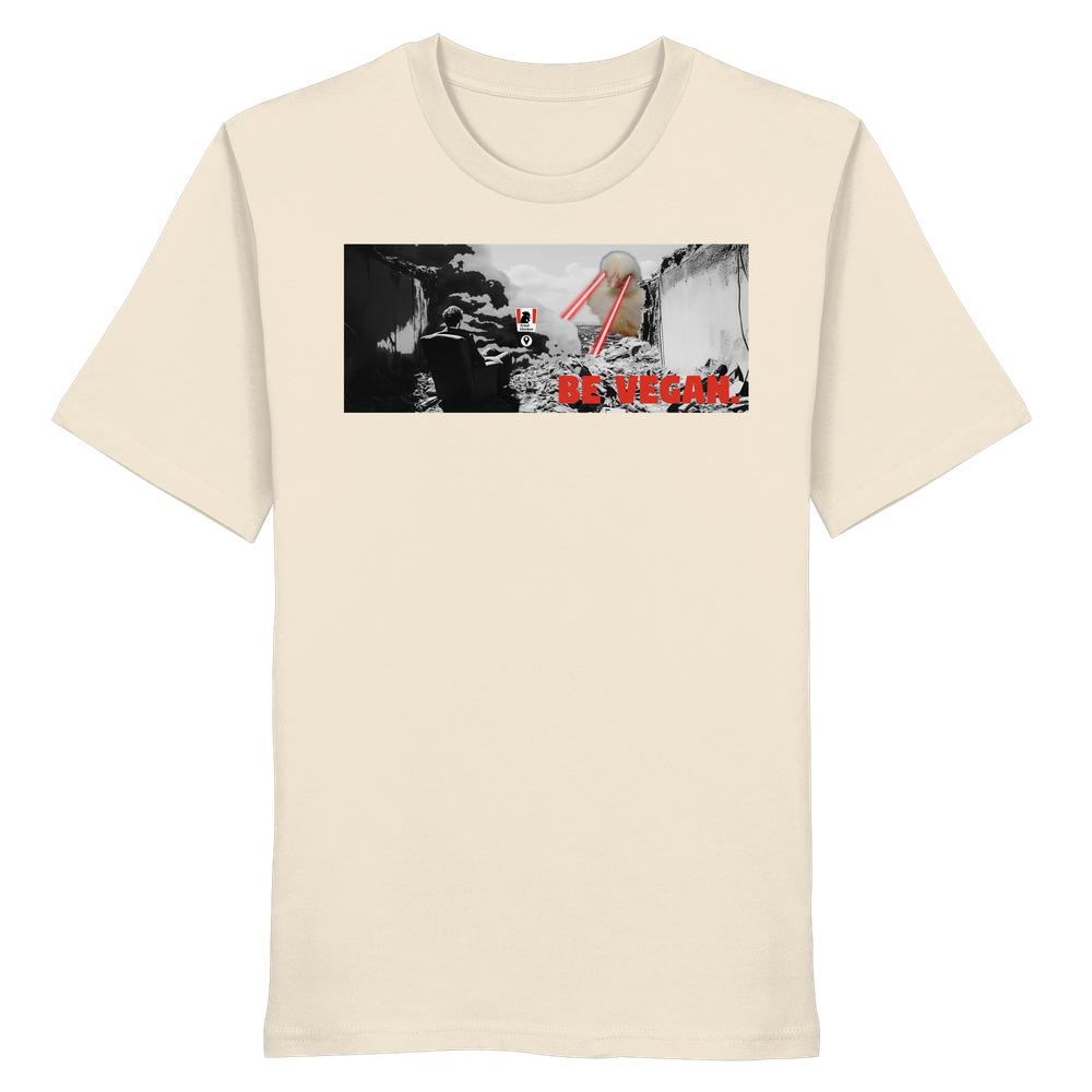 Vegan und Bio Shirt: BE VEGAN. - Angry bird. T-Shirt mit urbanem Zerstörungsmotiv, gelbem Küken mit Laseraugen, rotem Slogan. 100 % Bio-Baumwolle.